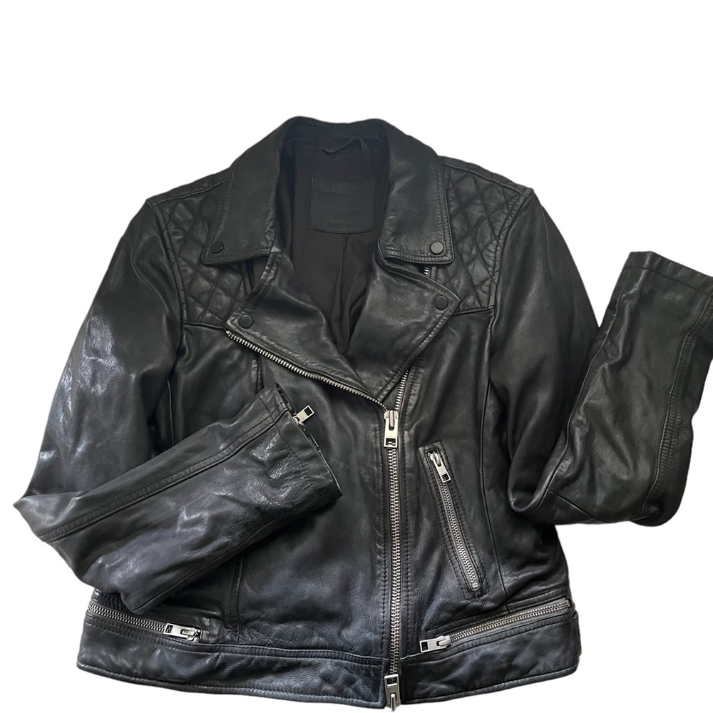 All Saints Black Conroy Quilted Leather Biker Jacket. Black. Size 10